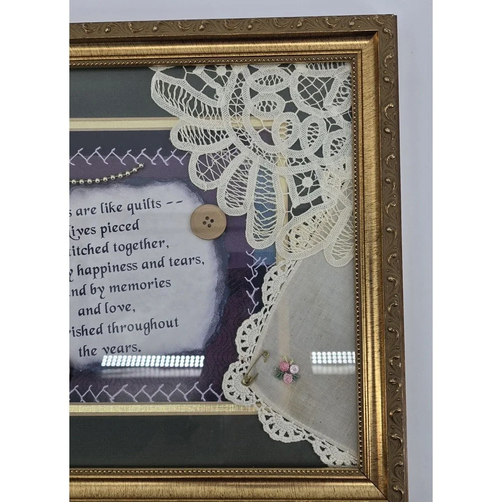 Vtg Handmade Framed Collage 'Families are Like Quilts' Poem Lace Button Crochet